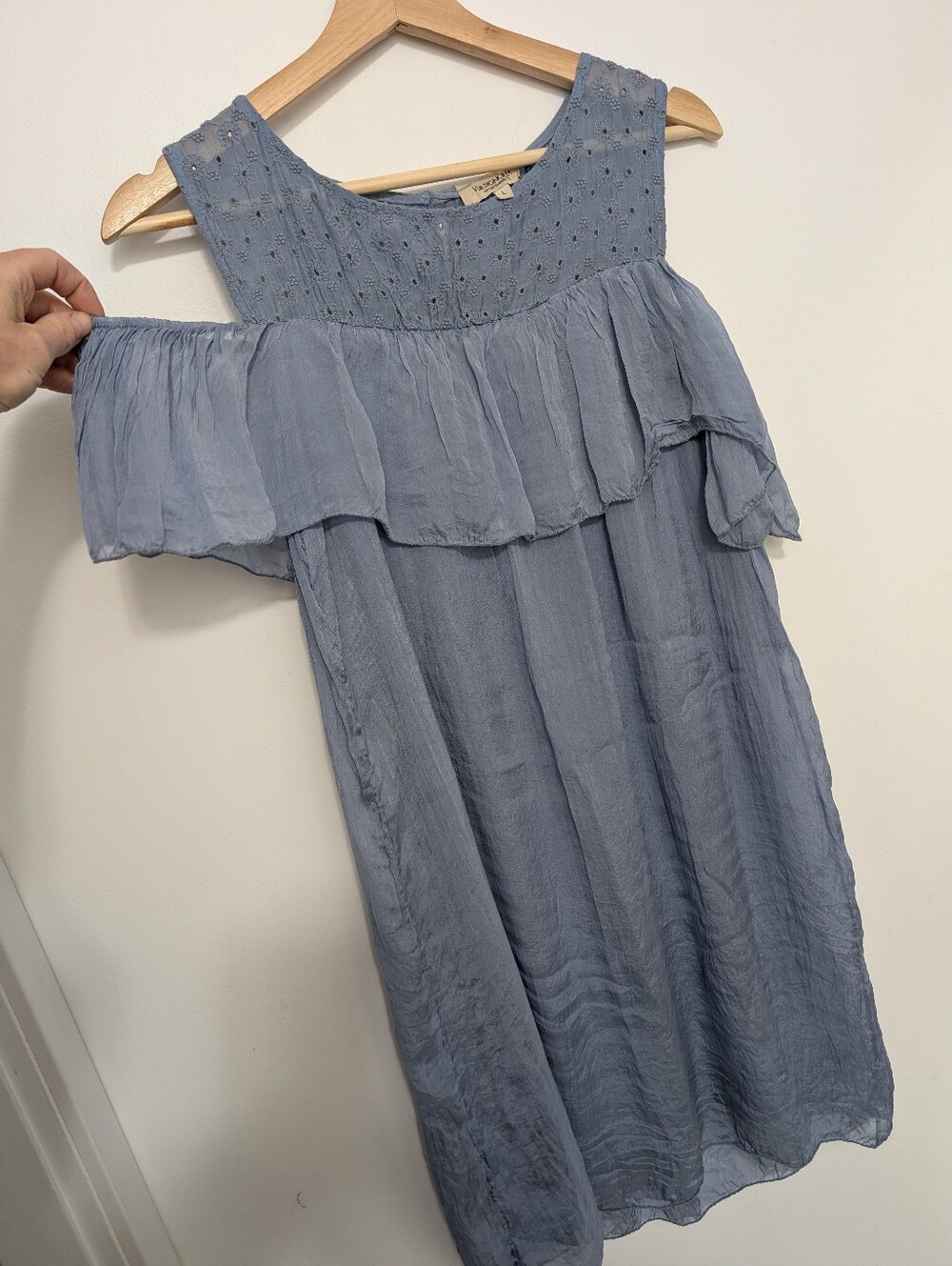 Via Signoria Large Silk Shift Dress Italy Blue Flowy Boho Cold Shoulder Flowers